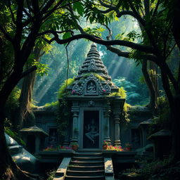 A serene and mystical Shiva temple nestled deep within a lush, dense jungle