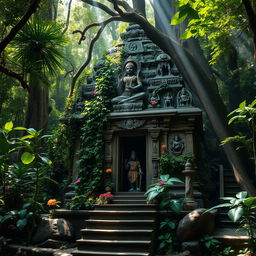 A serene and mystical Shiva temple nestled deep within a lush, dense jungle