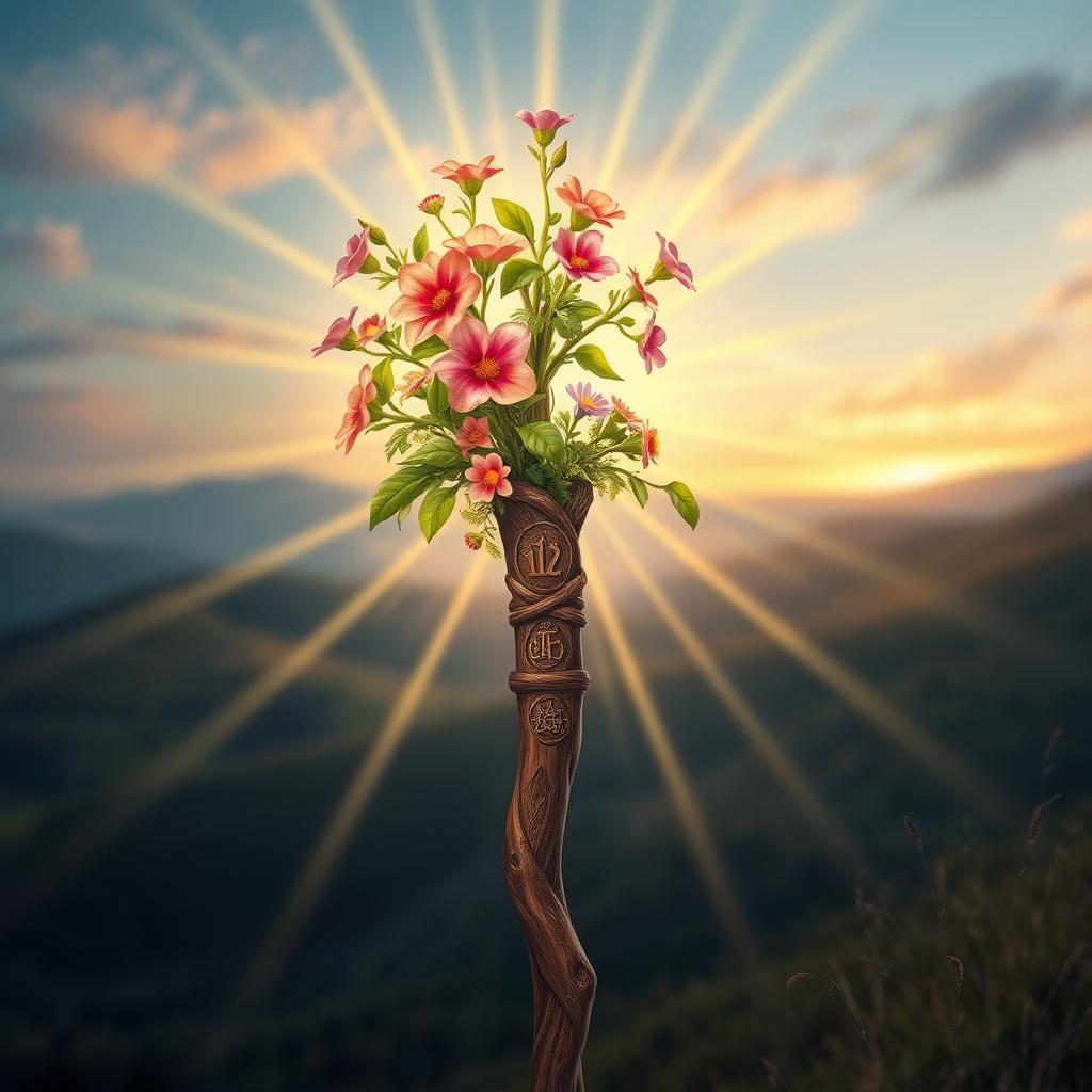 A vivid depiction of Aaron's rod that blossomed, showcasing an intricately designed staff with vibrant flowers and lush greenery sprouting from it