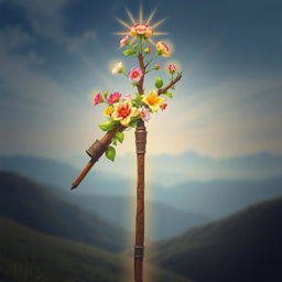 A vivid depiction of Aaron's rod that blossomed, showcasing an intricately designed staff with vibrant flowers and lush greenery sprouting from it