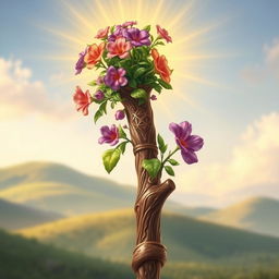 A vivid depiction of Aaron's rod that blossomed, showcasing an intricately designed staff with vibrant flowers and lush greenery sprouting from it