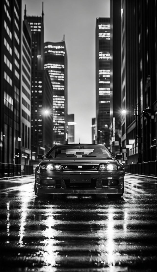 A Yousuf Karsh-style black and white photograph of a Nissan Skyline R34 parked on an empty city street at night, with its reflection mirrored on the wet asphalt.