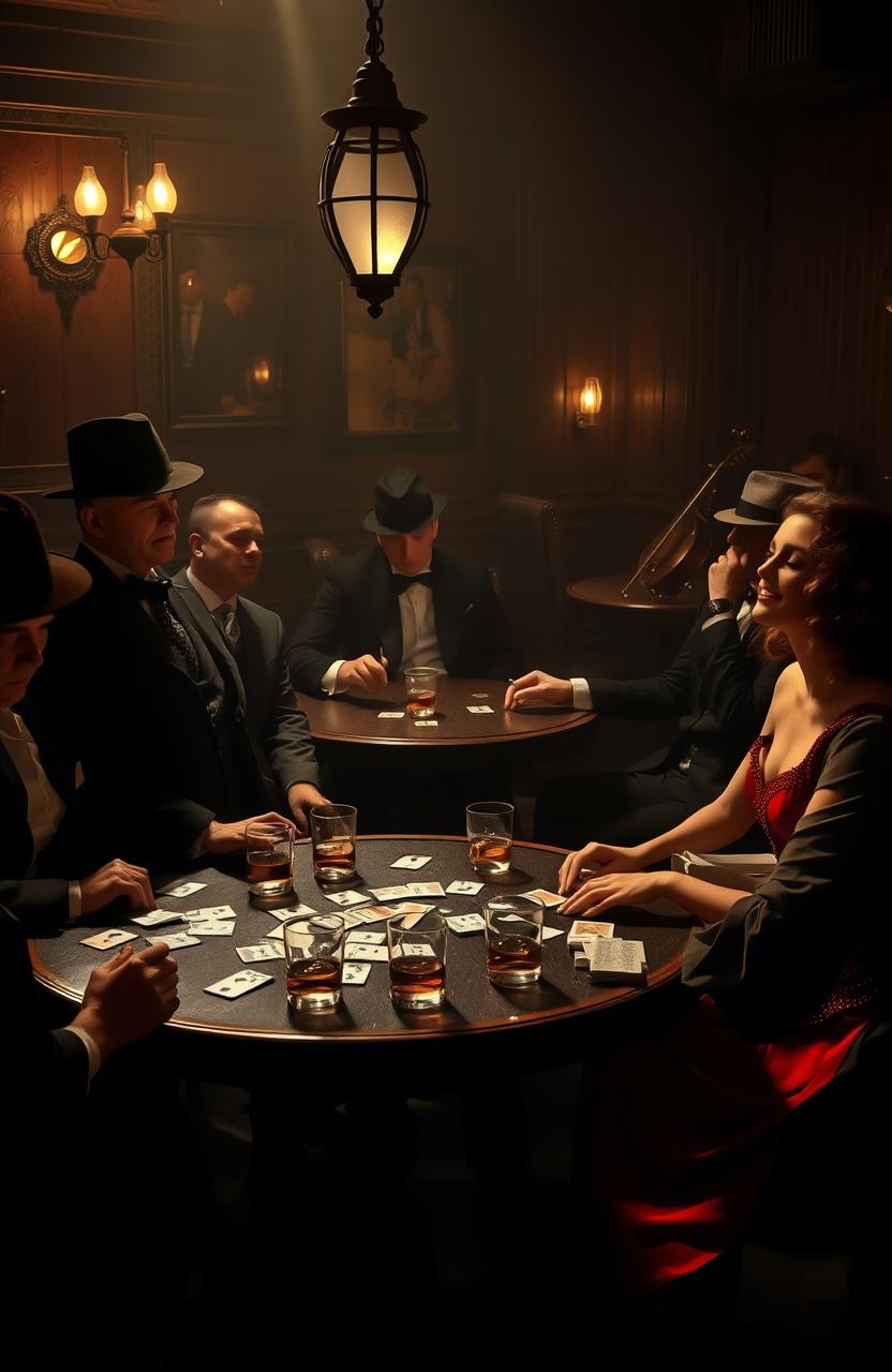 A moody, atmospheric scene depicting a classic 1920s mafia gathering in a dimly lit speakeasy