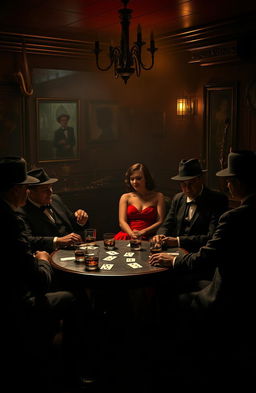 A moody, atmospheric scene depicting a classic 1920s mafia gathering in a dimly lit speakeasy