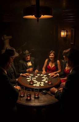 A moody, atmospheric scene depicting a classic 1920s mafia gathering in a dimly lit speakeasy