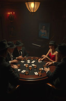 A moody, atmospheric scene depicting a classic 1920s mafia gathering in a dimly lit speakeasy