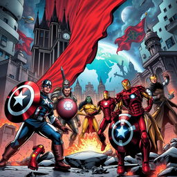 A dynamic Marvel Comics scene featuring iconic heroes like Captain America, Iron Man, Quicksilver, and Doctor Doom set in an alternate MCU world where the Cold War never ended