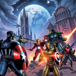 A dynamic Marvel Comics scene featuring iconic heroes like Captain America, Iron Man, Quicksilver, and Doctor Doom set in an alternate MCU world where the Cold War never ended