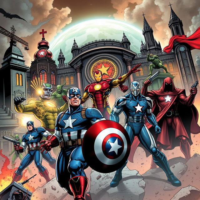 A dynamic Marvel Comics scene featuring iconic heroes like Captain America, Iron Man, Quicksilver, and Doctor Doom set in an alternate MCU world where the Cold War never ended