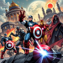 A dynamic Marvel Comics scene featuring iconic heroes like Captain America, Iron Man, Quicksilver, and Doctor Doom set in an alternate MCU world where the Cold War never ended