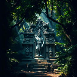 In a deep jungle, an ancient temple stands majestic, surrounded by thick, lush greenery