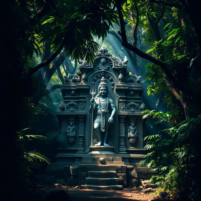 In a deep jungle, an ancient temple stands majestic, surrounded by thick, lush greenery