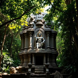 In a deep jungle, an ancient temple stands majestic, surrounded by thick, lush greenery