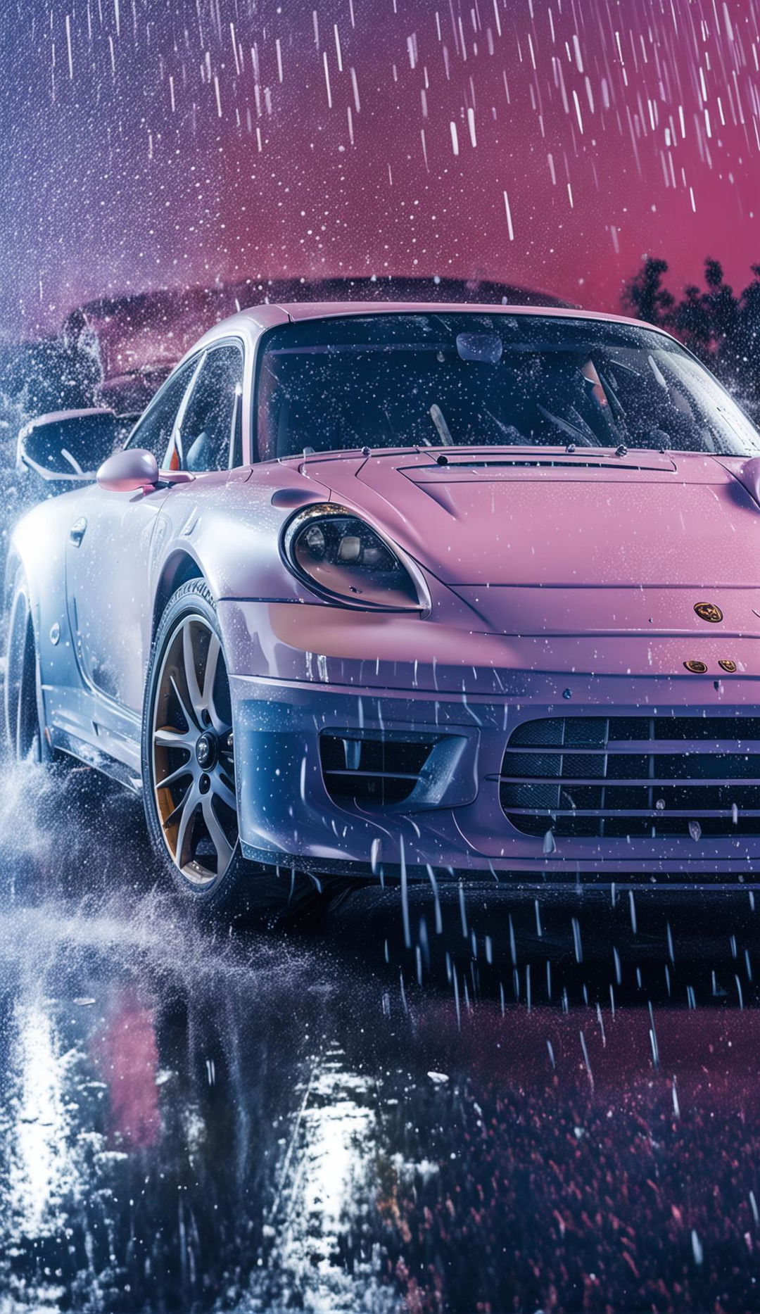 Detailed light blue Porsche 911 driving through pouring rain against a pastel pink backdrop in an editorial car photograph.