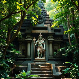 In a deep jungle, an ancient temple stands majestic, surrounded by thick, lush greenery