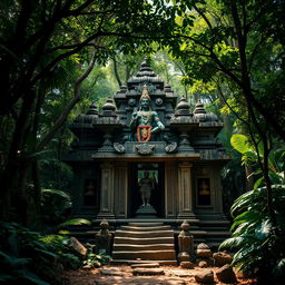 In a deep jungle, an ancient temple stands majestic, surrounded by thick, lush greenery