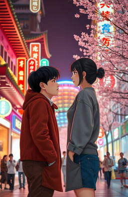 A romantic scene depicting a couple with contrasting emotions in a vibrant cityscape of South Korea, showcasing a dramatic transition from hate to love