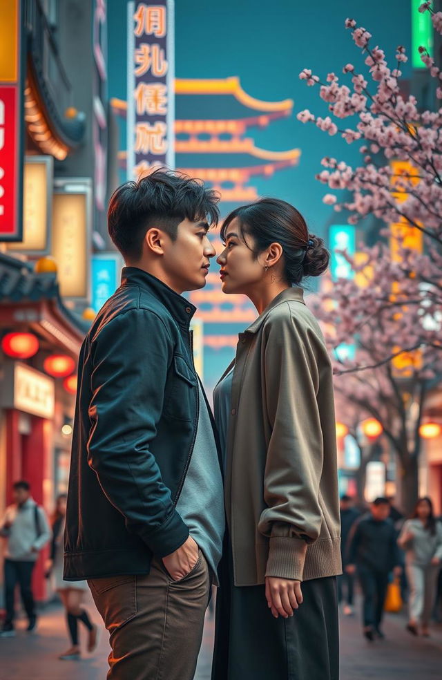 A romantic scene depicting a couple with contrasting emotions in a vibrant cityscape of South Korea, showcasing a dramatic transition from hate to love