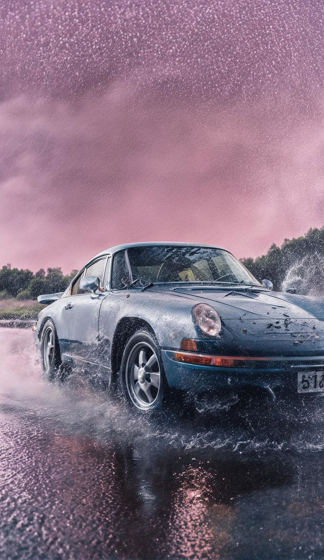 Editorial photograph of a light blue Porsche 911 driving through pouring rain against a pastel pink backdrop.