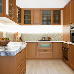 Show an example of a beautifully designed and furnished kitchen interior.