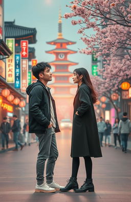 A romantic scene depicting a couple with contrasting emotions in a vibrant cityscape of South Korea, showcasing a dramatic transition from hate to love