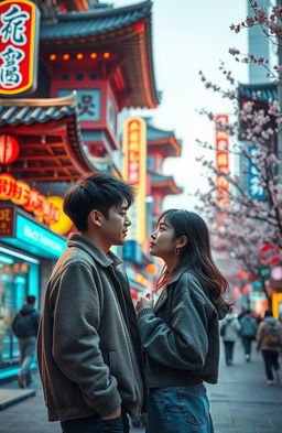 A romantic scene depicting a couple with contrasting emotions in a vibrant cityscape of South Korea, showcasing a dramatic transition from hate to love