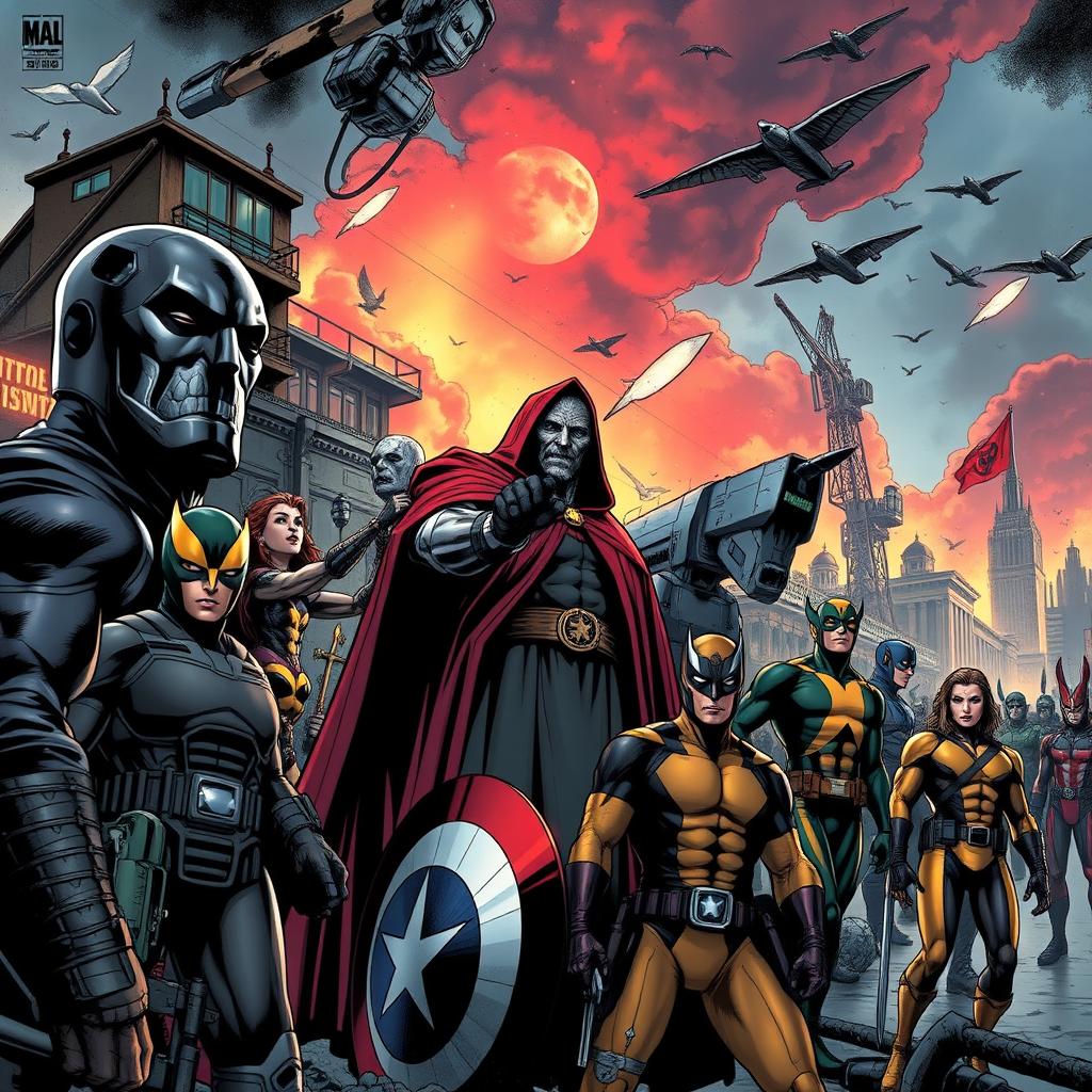 A gripping Marvel Comics scene featuring iconic heroes from the Avengers and X-Men alongside the menacing Doctor Doom and MI6 operatives, set in an alternate MCU world where the Cold War never ended