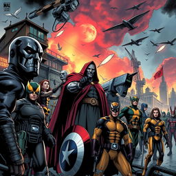 A gripping Marvel Comics scene featuring iconic heroes from the Avengers and X-Men alongside the menacing Doctor Doom and MI6 operatives, set in an alternate MCU world where the Cold War never ended