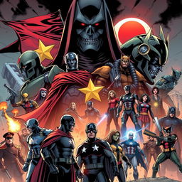 A gripping Marvel Comics scene featuring iconic heroes from the Avengers and X-Men alongside the menacing Doctor Doom and MI6 operatives, set in an alternate MCU world where the Cold War never ended