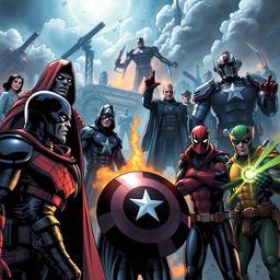 A gripping Marvel Comics scene featuring iconic heroes from the Avengers and X-Men alongside the menacing Doctor Doom and MI6 operatives, set in an alternate MCU world where the Cold War never ended