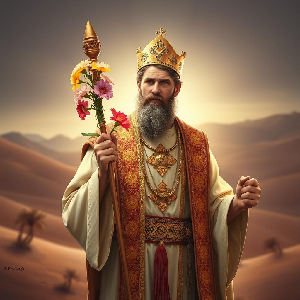 A depiction of Aaron the High Priest, wearing traditional priestly garments richly adorned with gold and colorful fabrics