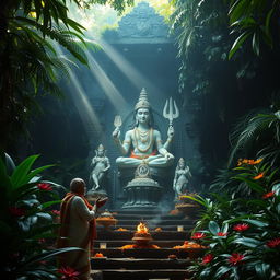 In a deep jungle, there is a serene temple with a majestic Shiva statue