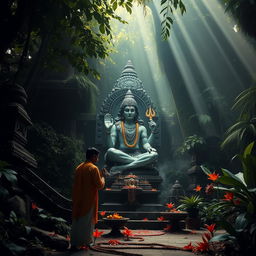 In a deep jungle, there is a serene temple with a majestic Shiva statue