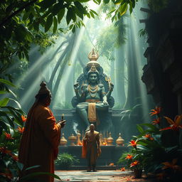 In a deep jungle, there is a serene temple with a majestic Shiva statue