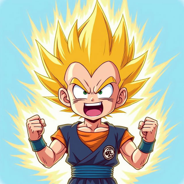 A Super Saiyan character with spiky blonde hair and a glowing energy aura, in a powerful pose with clenched fists