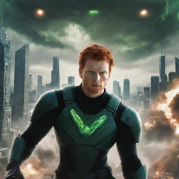 A red-headed man with green eyes exhibiting superpowers, engaged in battle with aliens descending from the sky. The backdrop includes a city under siege. The first-person perspective includes a title, 'Alienz'.