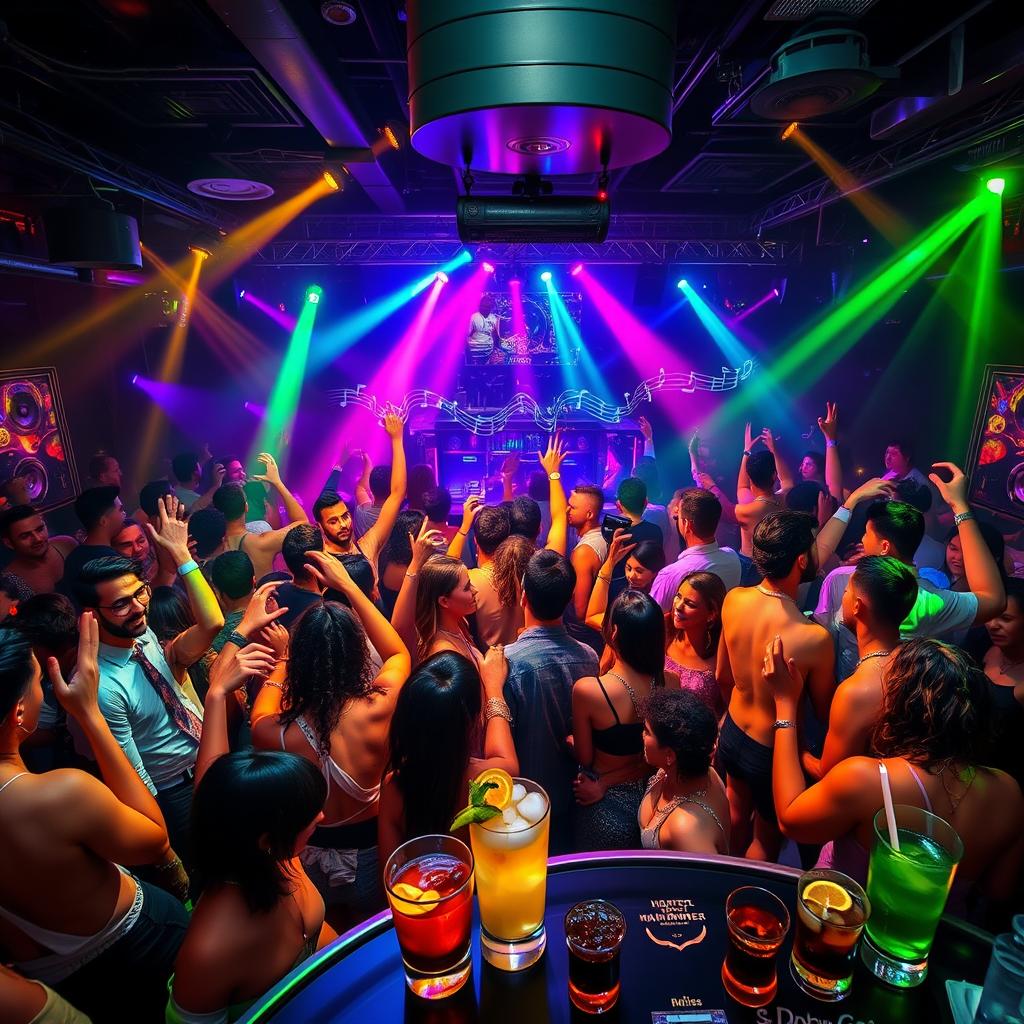 A vibrant club scene filled with energetic partygoers dancing under colorful lights
