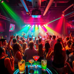 A vibrant club scene filled with energetic partygoers dancing under colorful lights