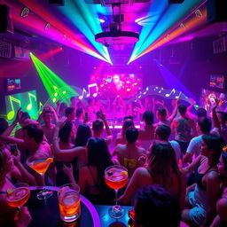 A vibrant club scene filled with energetic partygoers dancing under colorful lights