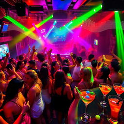 A vibrant club scene filled with energetic partygoers dancing under colorful lights