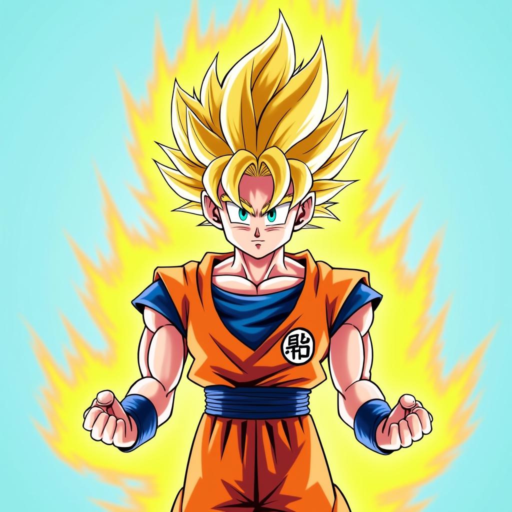 A Super Saiyan character with spiky blonde hair and a glowing energy aura, depicted in a powerful pose with clenched fists