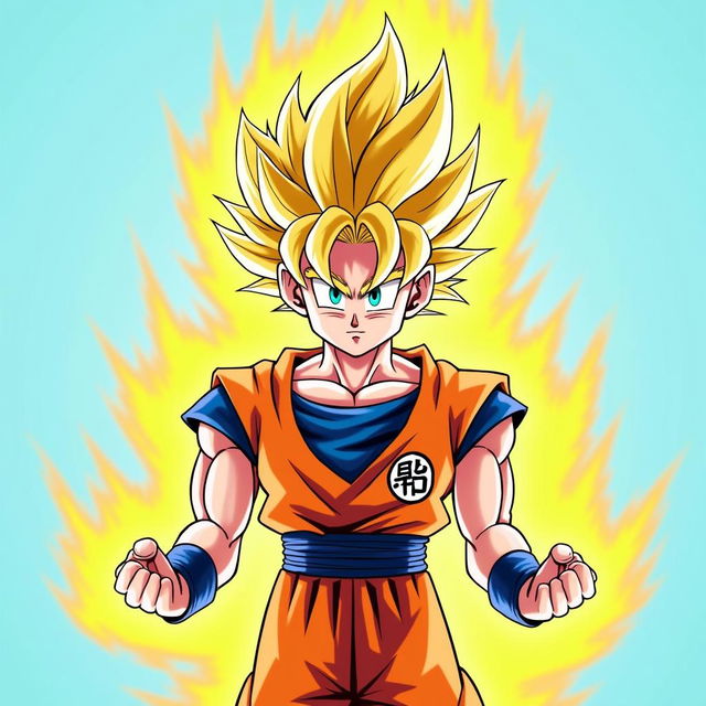 A Super Saiyan character with spiky blonde hair and a glowing energy aura, depicted in a powerful pose with clenched fists