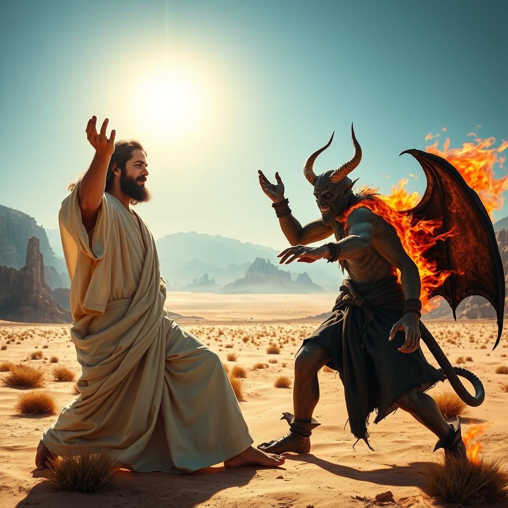 A dramatic scene depicting a battle of wills in the desert between Jesus and the Devil