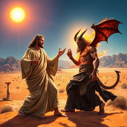 A dramatic scene depicting a battle of wills in the desert between Jesus and the Devil