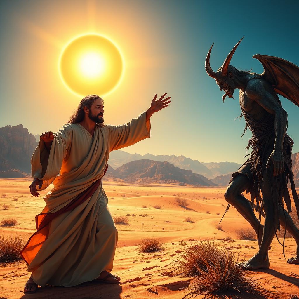 A dramatic scene depicting a battle of wills in the desert between Jesus and the Devil