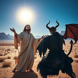 A dramatic scene depicting a battle of wills in the desert between Jesus and the Devil