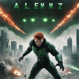 A red-headed man with green eyes exhibiting superpowers, engaged in battle with aliens descending from the sky. The backdrop includes a city under siege. The first-person perspective includes a title, 'Alienz'.