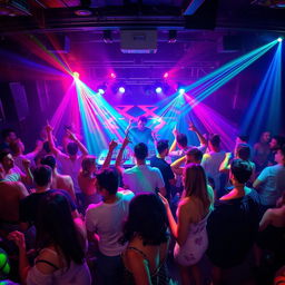 A vibrant nightclub scene filled with energetic party-goers dancing and celebrating