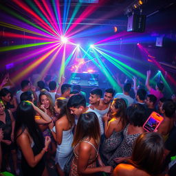 A vibrant nightclub scene filled with energetic party-goers dancing and celebrating