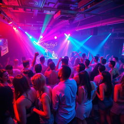 A vibrant nightclub scene filled with energetic party-goers dancing and celebrating